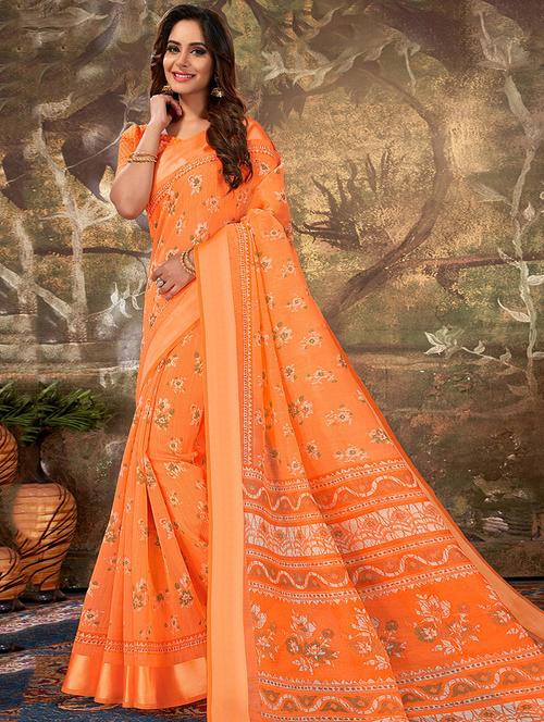 women's floral orange colored saree with blouse - 16777111 - Very Small Image - 1