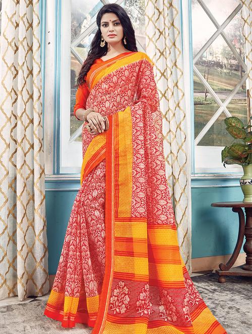 Women's Printed Red Colored Saree With Blouse - 16777117 - Very Small Image - 1