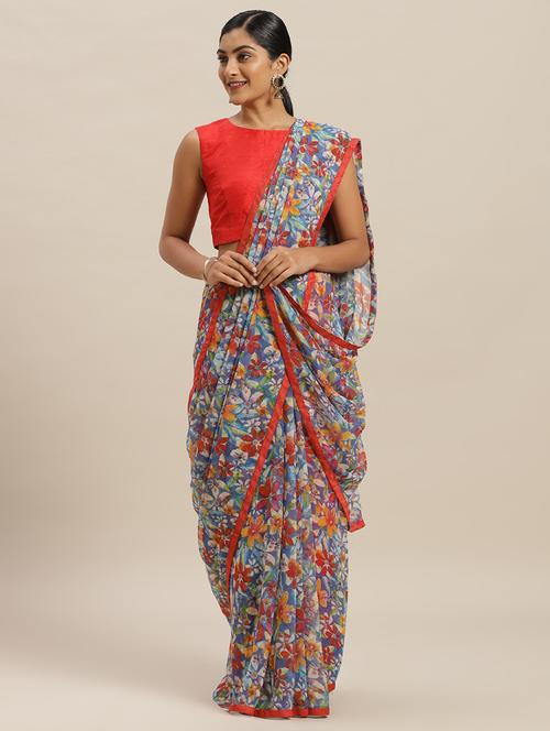 floral printed woven saree with blouse - 16782490 - Very Small Image - 1