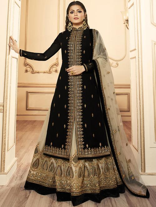 embroidered a-line semi-stitched suit - 16799733 - Very Small Image - 1