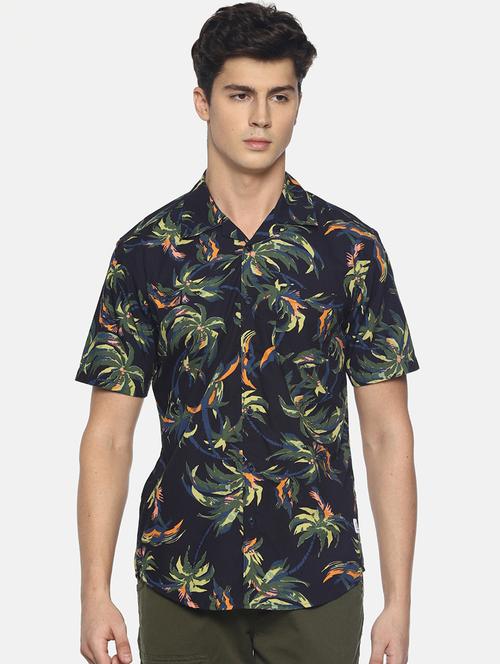 navy blue tropical printed casual shirt - 16799808 - Very Small Image - 1