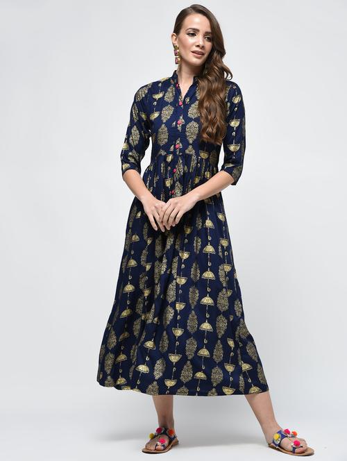 gold print flared ethnic dress - 16800519 - Very Small Image - 1