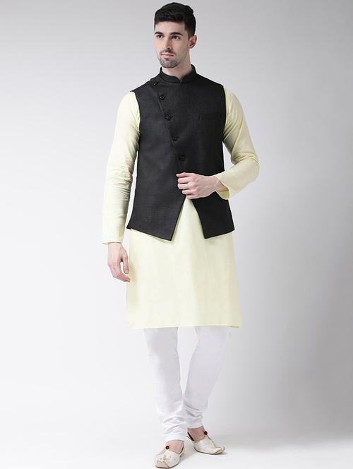 yellow solid kurta pyjama set with nehru jacket - 16801231 - Very Small Image - 1