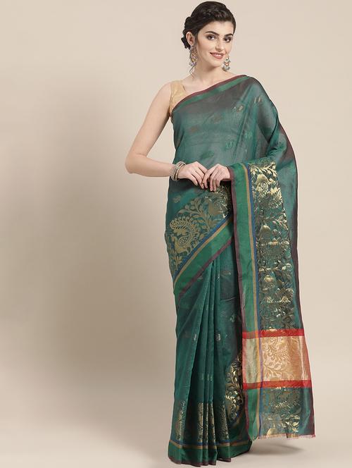 teal chanderi saree with blouse - 16817833 - Very Small Image - 1