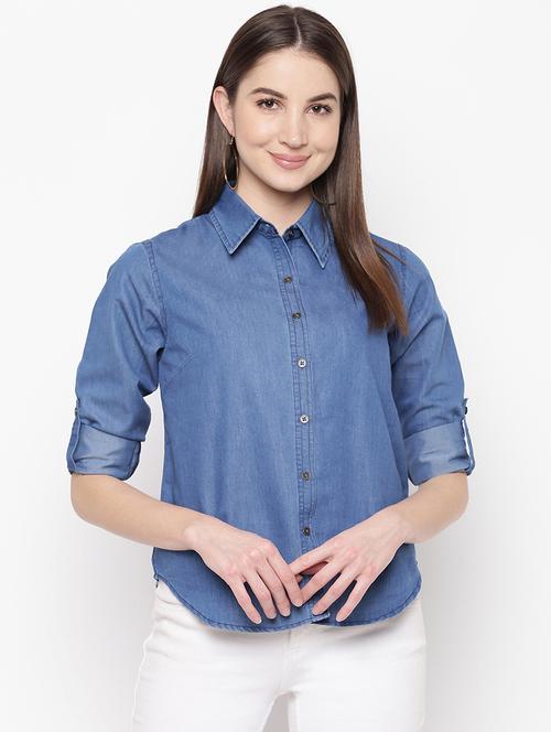 curved hem denim shirt  - 16822262 - Very Small Image - 1
