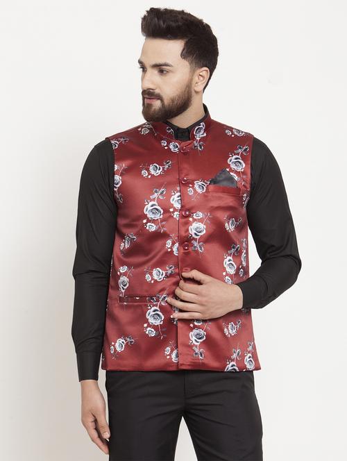 red floral print nehru jacket - 16826843 - Very Small Image - 1