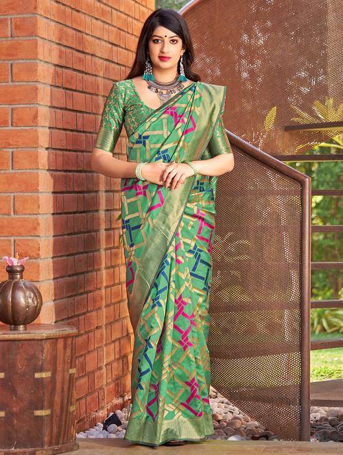 geometrical banarasi silk saree with blouse - 16829135 - Very Small Image - 1