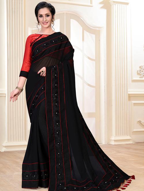 solid bordered saree  with blouse - 16834240 - Very Small Image - 1