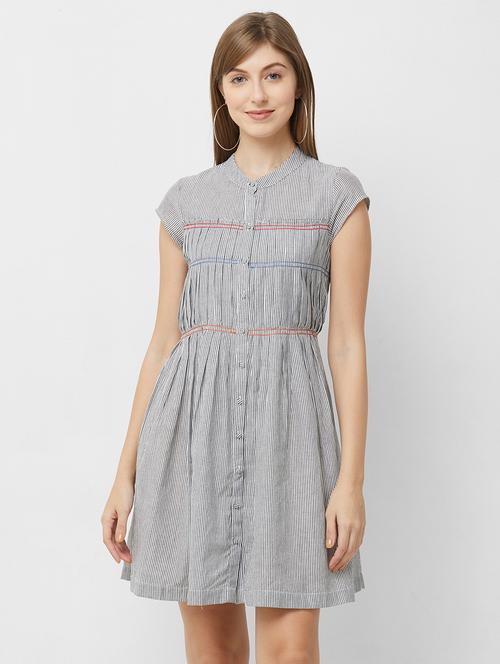 pleat detail striped flared dress - 16835923 - Very Small Image - 1