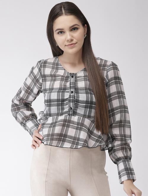 bishop sleeved checkered peplum top - 16838373 - Very Small Image - 1