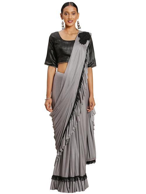 solid ruffled saree  with blouse - 16838598 - Very Small Image - 1
