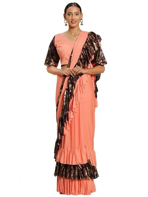 solid ruffled saree  with blouse - 16838602 - Very Small Image - 1