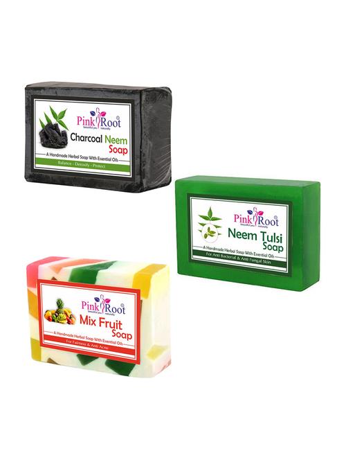 pink root charcoal neem, neem tulsi and mix fruit soap (pack of 3) - 16843019 - Very Small Image - 1