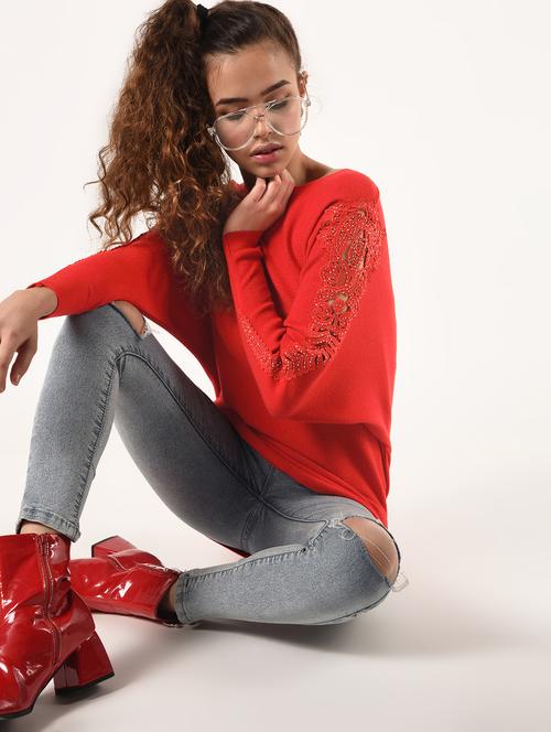 lace panel embellished detail pullover - 16850839 - Very Small Image - 1