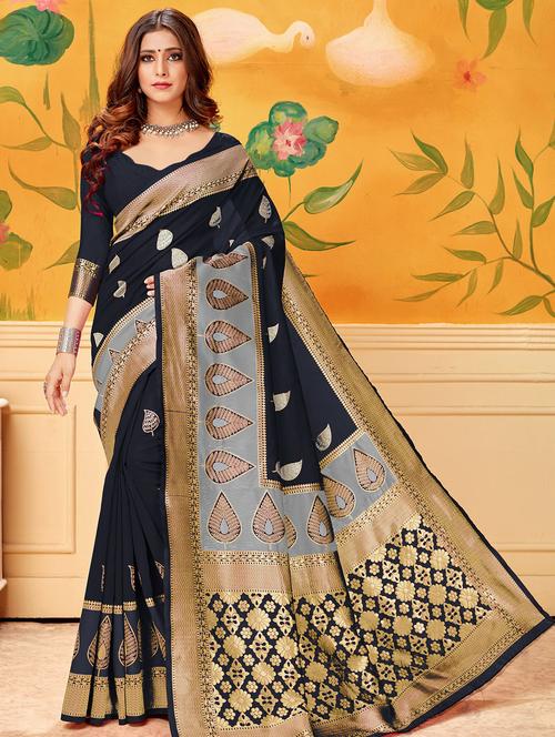 bordered woven saree with blouse - 16860411 - Very Small Image - 1
