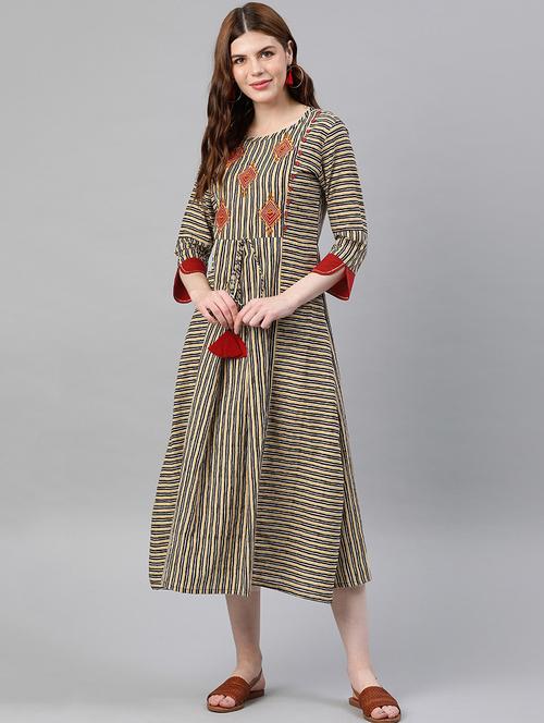 striped a-line ethnic dress - 16861809 - Very Small Image - 1