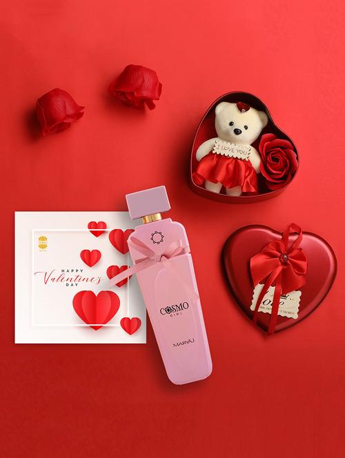 maryaj valentine combo gift set of cosmo girl edp 100ml perfume for women with heart shaped box and greeting card - 16866633 - Very Small Image - 1