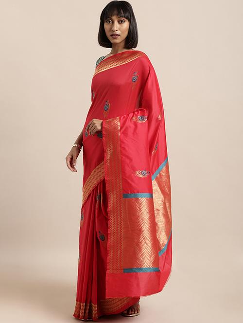 women's self design red colored saree with blouse - 16870165 - Very Small Image - 1