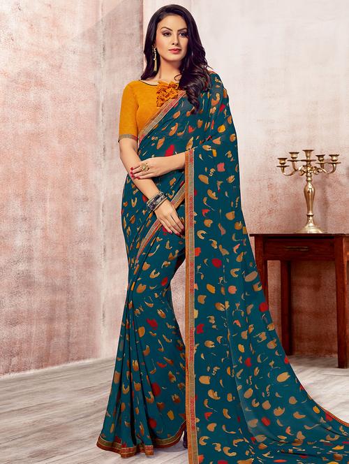 teal printed saree with blouse - 16870199 - Very Small Image - 1