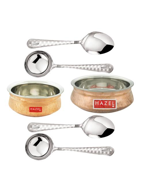 inner steel outer copper hammered finish tableware serving 2 handi bowl with 4 spoons   - 16878126 - Very Small Image - 1