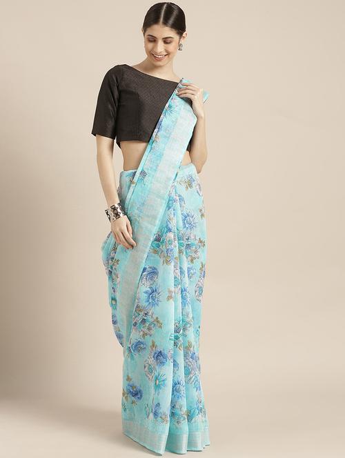 women's floral light blue colored saree with blouse - 16884703 - Very Small Image - 1