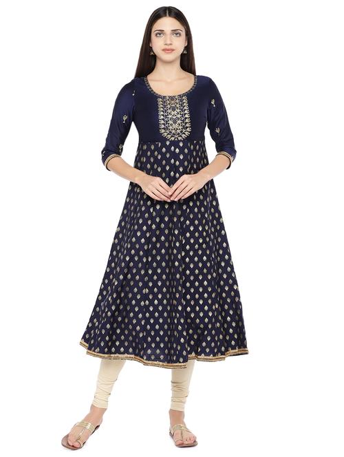 navy blue gold print anarkali kurta  - 16890821 - Very Small Image - 1