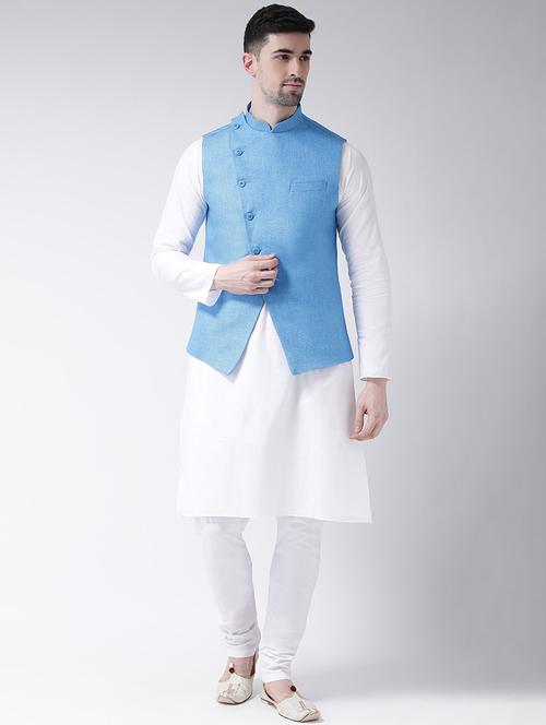 white solid kurta pyjama set with blue nehru jacket - 16900257 - Very Small Image - 1