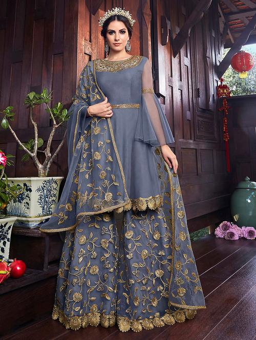 embroidered sharara semi-stitched suit - 16904782 - Very Small Image - 1