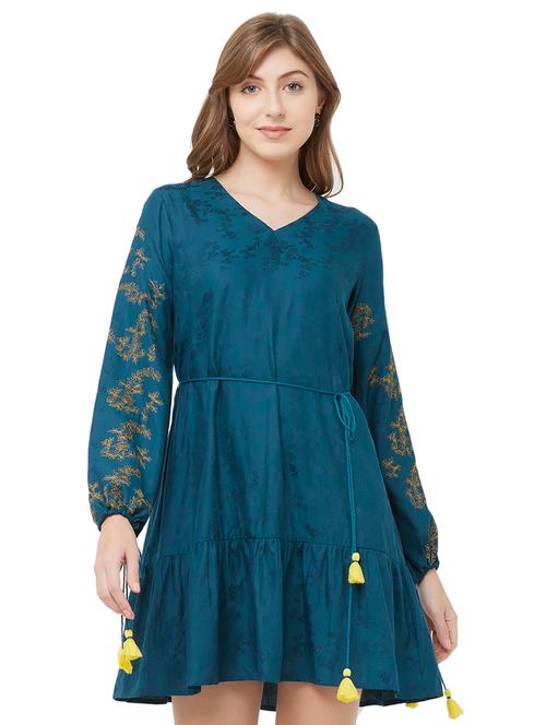 tassel tie knot embroidered sleeved a-line dress - 16907367 - Very Small Image - 1