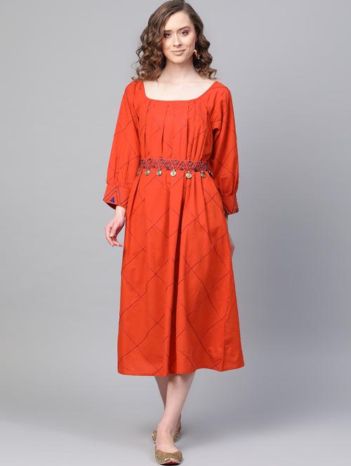 embroidered belted square neck a-line dress - 16908894 - Very Small Image - 1