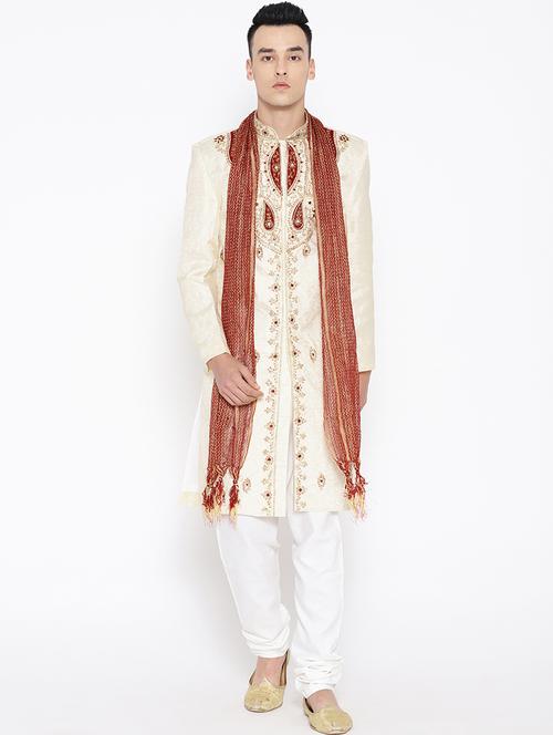 gold embroidered silk blend sherwani set - 16909152 - Very Small Image - 1