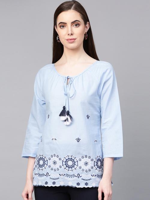 tie up neck embroidered detail top - 16909823 - Very Small Image - 1