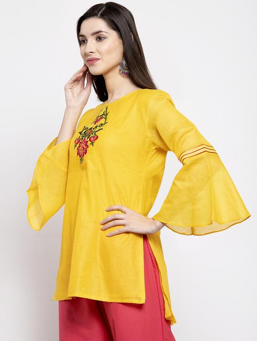 yellow silk aline kurti - 16910559 - Very Small Image - 1