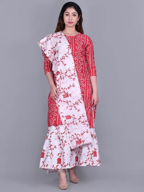 red cotton kurta skirt  set - 16919436 - Very Small Image - 1