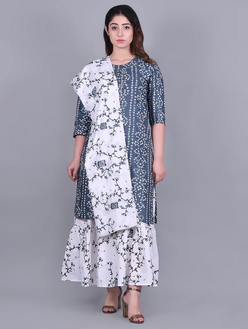 grey cotton kurta skirt  set - 16919438 - Very Small Image - 1