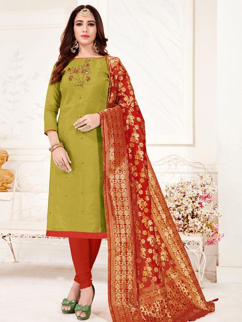 embroidered churidaar unstitched suit - 16922422 - Very Small Image - 1
