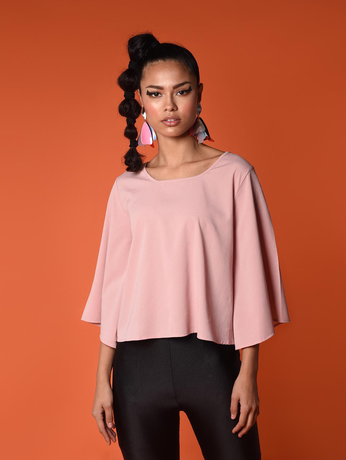 women solid bell sleeves backless top - 16936440 - Standard Image - 2