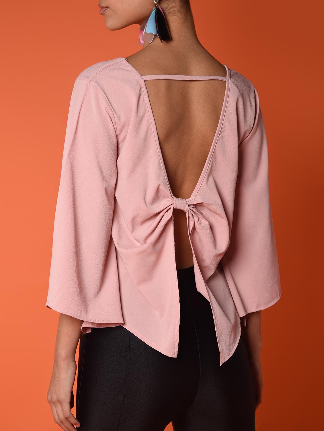 women solid bell sleeves backless top - 16936440 - Standard Image - 4