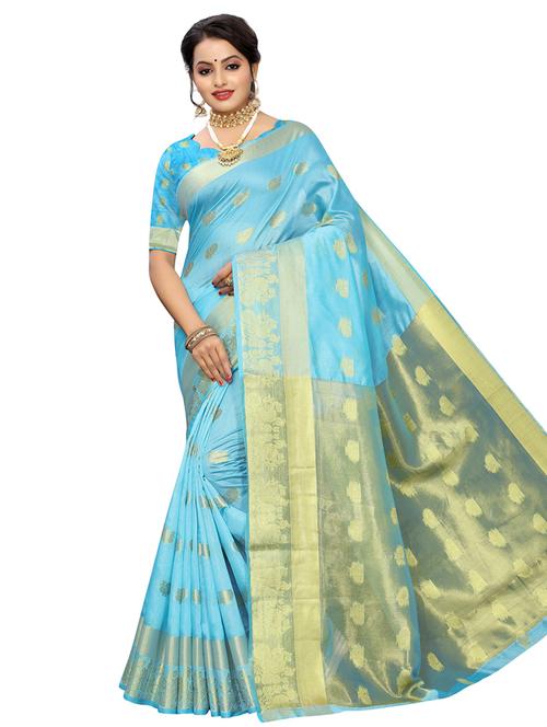 turquoise silk blend kanjivaram saree with blouse - 16939217 - Very Small Image - 1