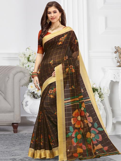 women's checks coffee brown colored saree with blouse - 16939799 - Very Small Image - 1