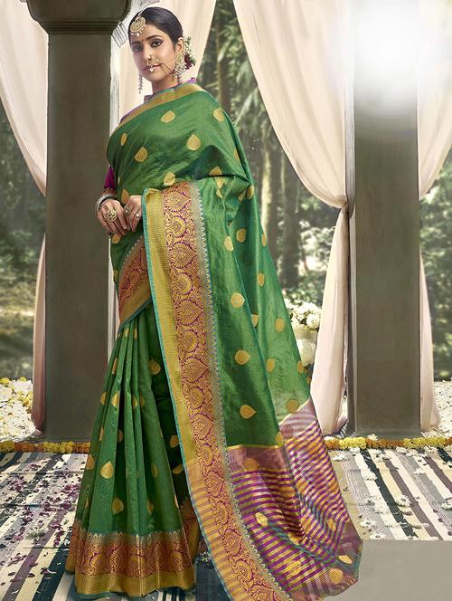 ethnic motif woven saree with blouse - 16940725 - Very Small Image - 1