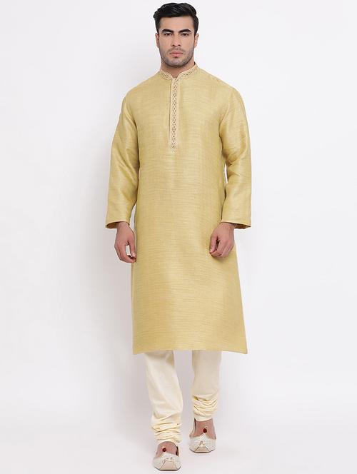 yellow self design long kurta with embroidered neckline - 16942361 - Very Small Image - 1
