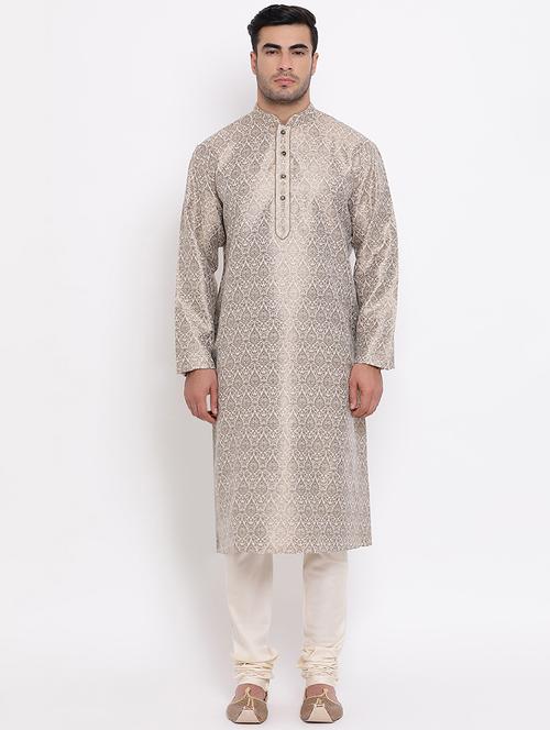 beige brocade pure silk long kurta - 16942363 - Very Small Image - 1