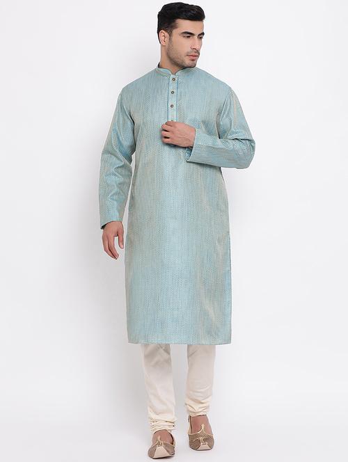 blue pure silk jacquard long kurta - 16942367 - Very Small Image - 1