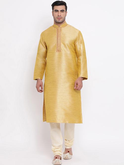 yellow solid silk blend long kurta with embroidered neckline - 16942383 - Very Small Image - 1