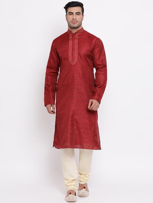 red pure silk jacquard long kurta with embroidered neckline - 16942386 - Very Small Image - 1