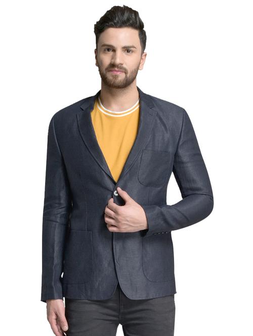 navy blue linen solid single breasted casual blazer - 16944617 - Very Small Image - 1