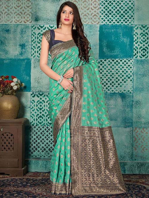 turquoise silk blend banarasi saree with blouse - 16950886 - Very Small Image - 1