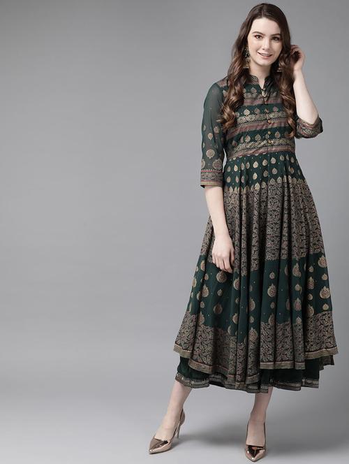 foil print layered ethnic dress - 16953115 - Very Small Image - 1