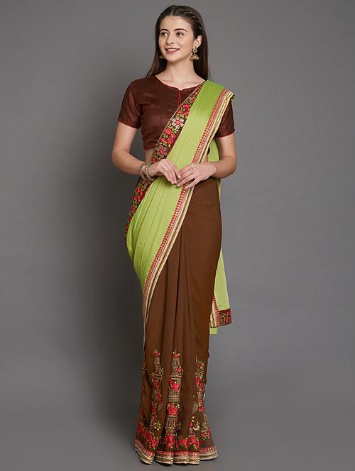 half & half embroidered saree with blouse - 16953675 - Very Small Image - 1